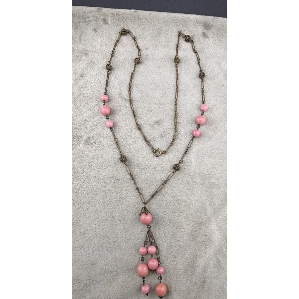Vintage Art Deco Necklace Long‎ Statement Pink Beaded Spring 34
